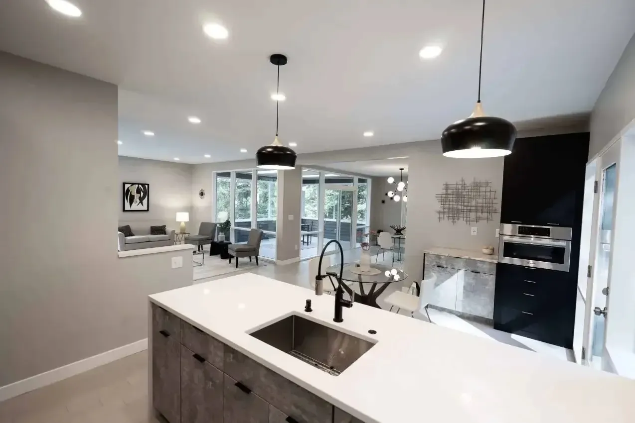 Vienna VA modern open concept kitchen with black and grey cabinetry