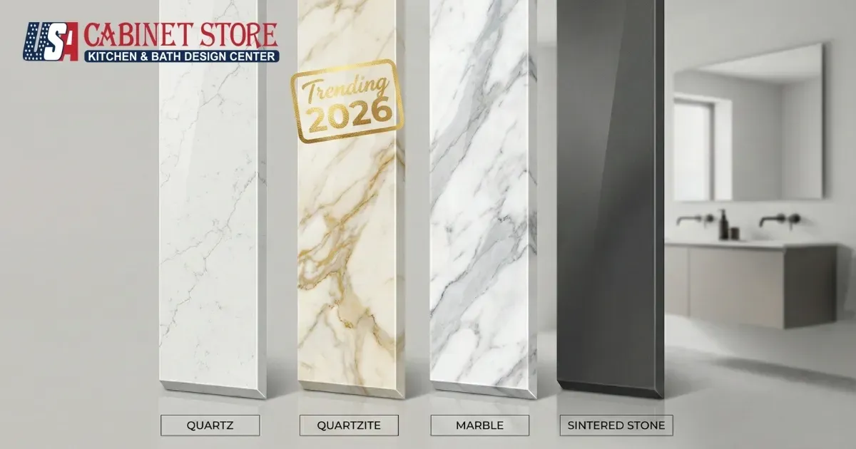 Bathroom Vanity Types The Complete 2026 Guide 32 Countertop material samples - quartz, quartzite, marble, sintered stone