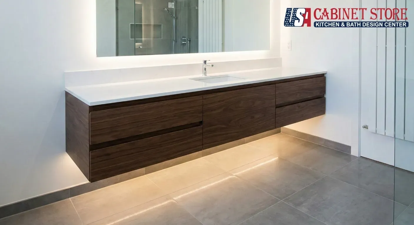 Bathroom Vanity Types The Complete 2026 Guide 25 Floating vanity with LED underlighting in modern bathroom