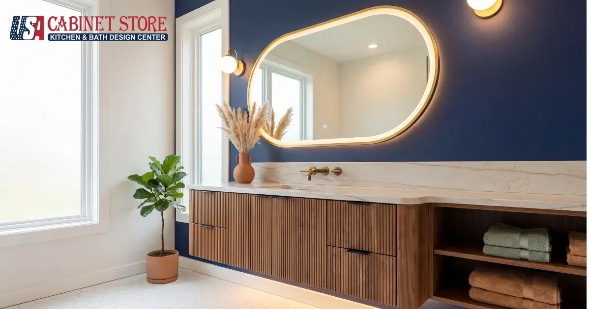 Bathroom Vanity Types The Complete 2026 Guide 33 Modern 2026 bathroom with warm wood floating vanity, mixed metals, fluted textures