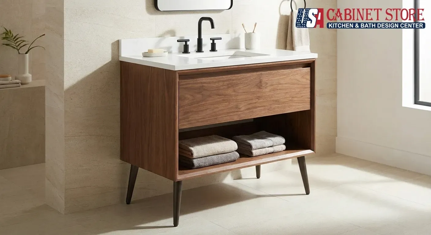 Bathroom Vanity Types The Complete 2026 Guide 24 Modern freestanding vanity with furniture legs and warm wood finish