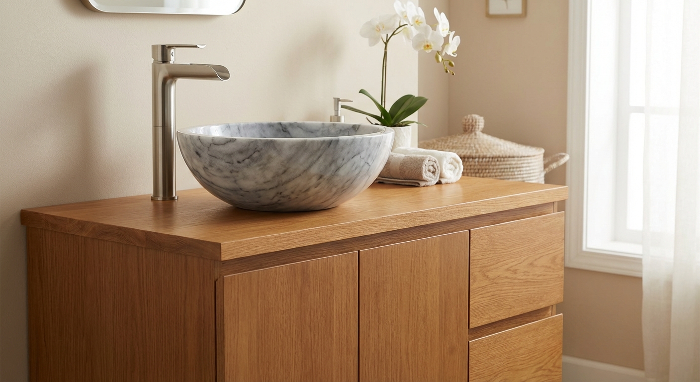 Bathroom Vanity Types The Complete 2026 Guide 27 Stone vessel sink on warm wood vanity countertop