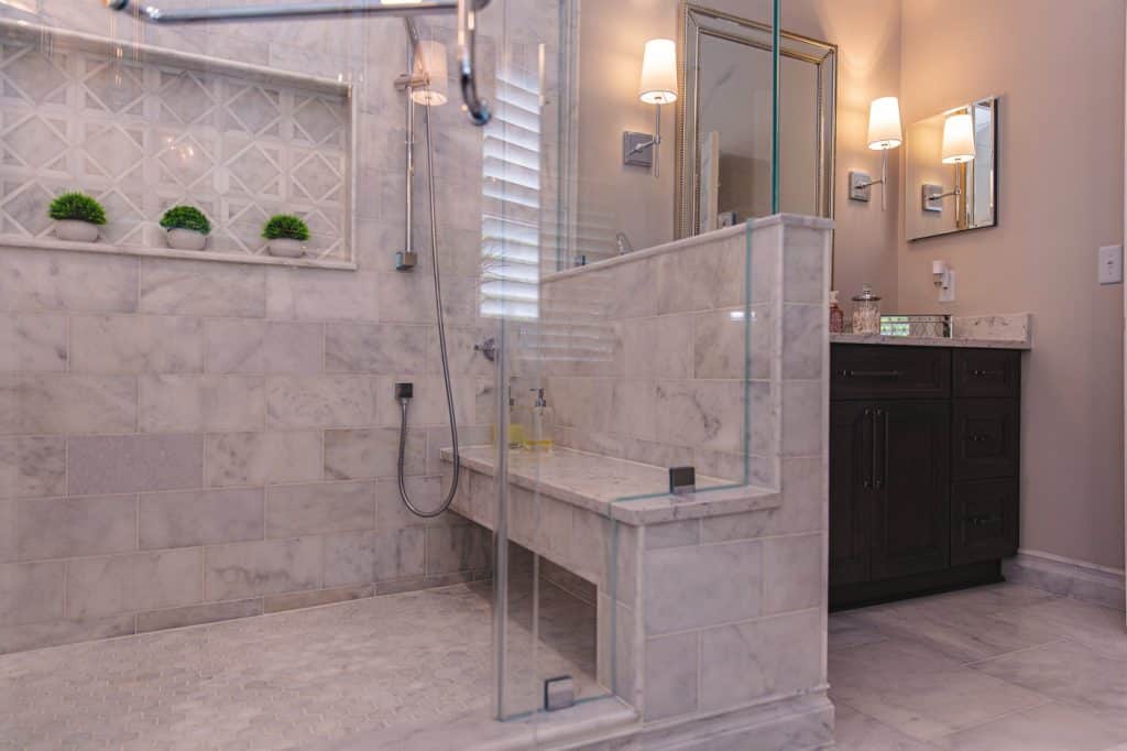 Bathroom vanity and a walk in shower