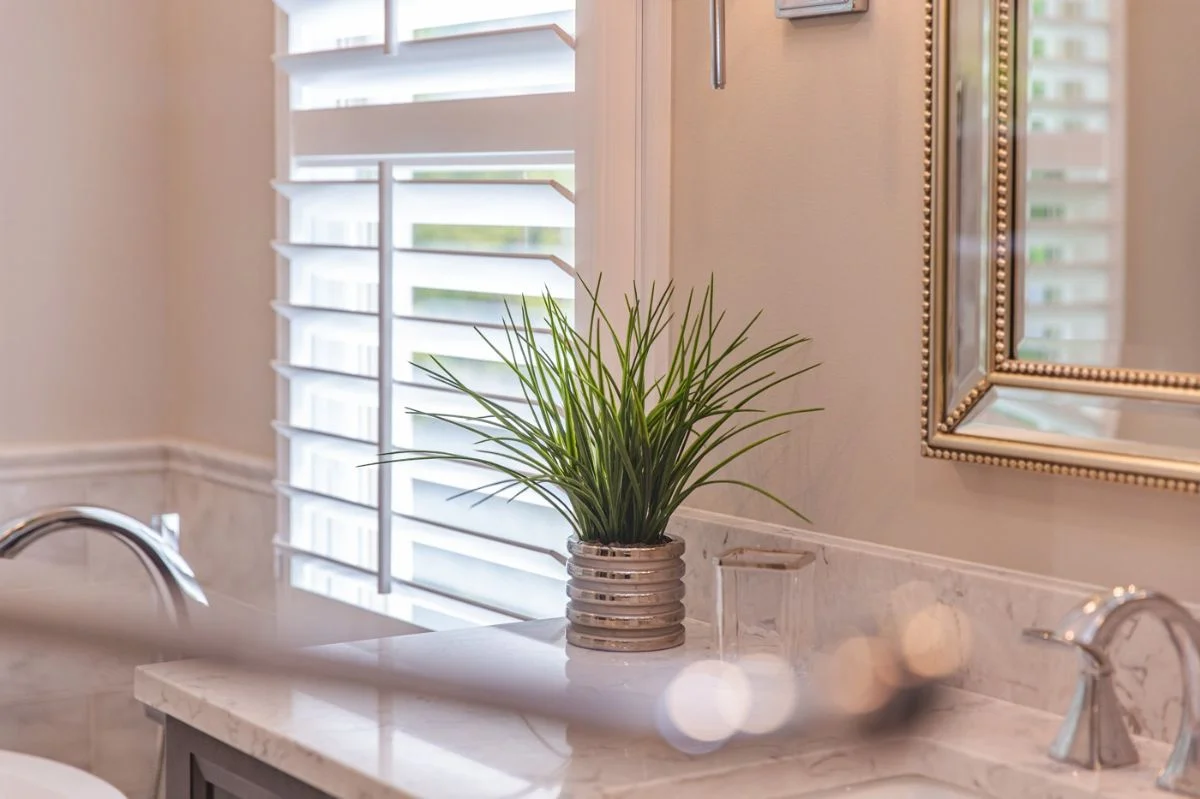 Bathroom countertop decor with plant and plantation shutters in an Ashburn VA master bath remodel.