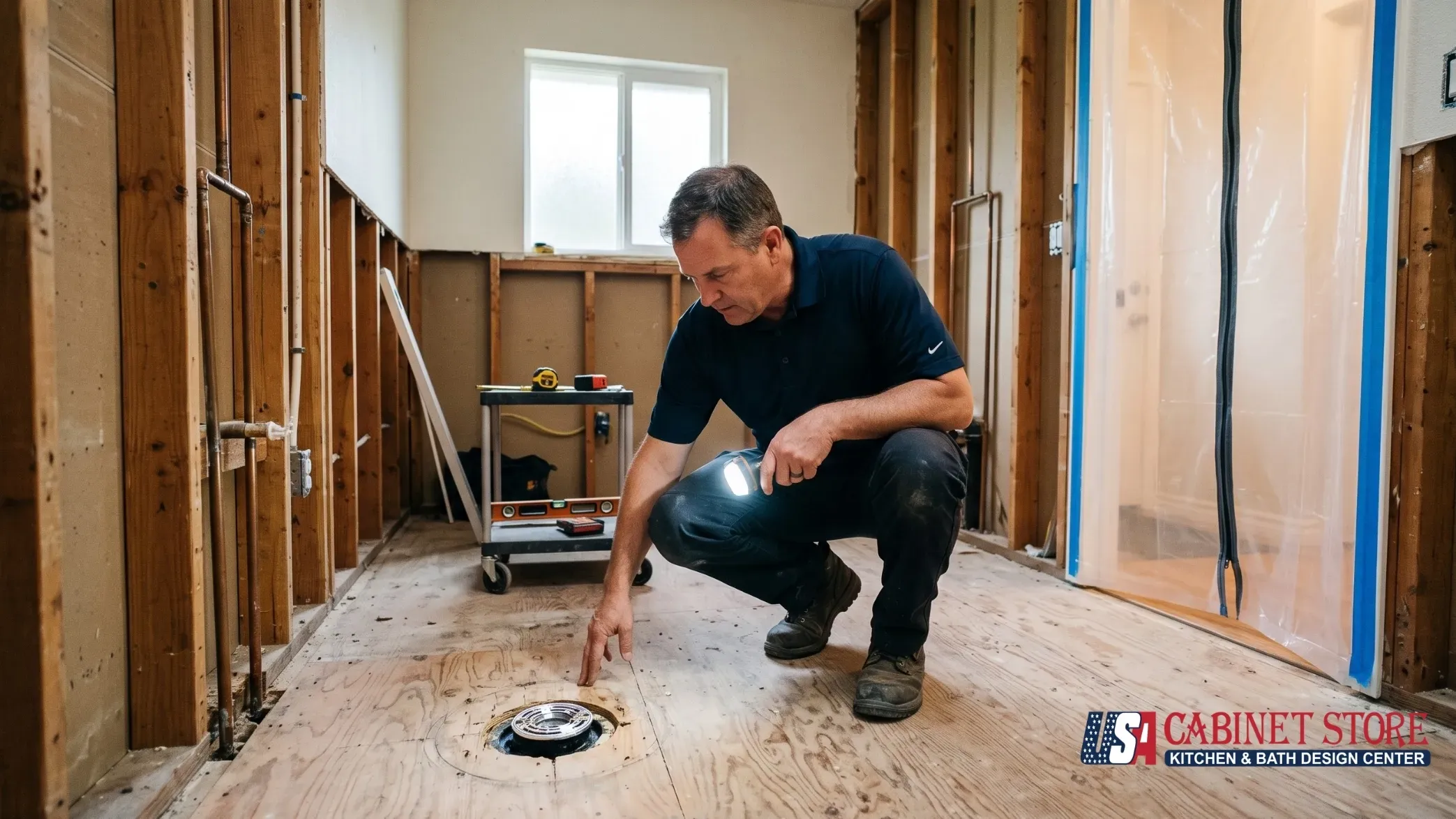 How Long Does It Take to Remodel a Bathroom? 11 bathroom-demolition-subfloor-inspection-hidden-damage-usa-cabinet-store What delays a bathroom remodel