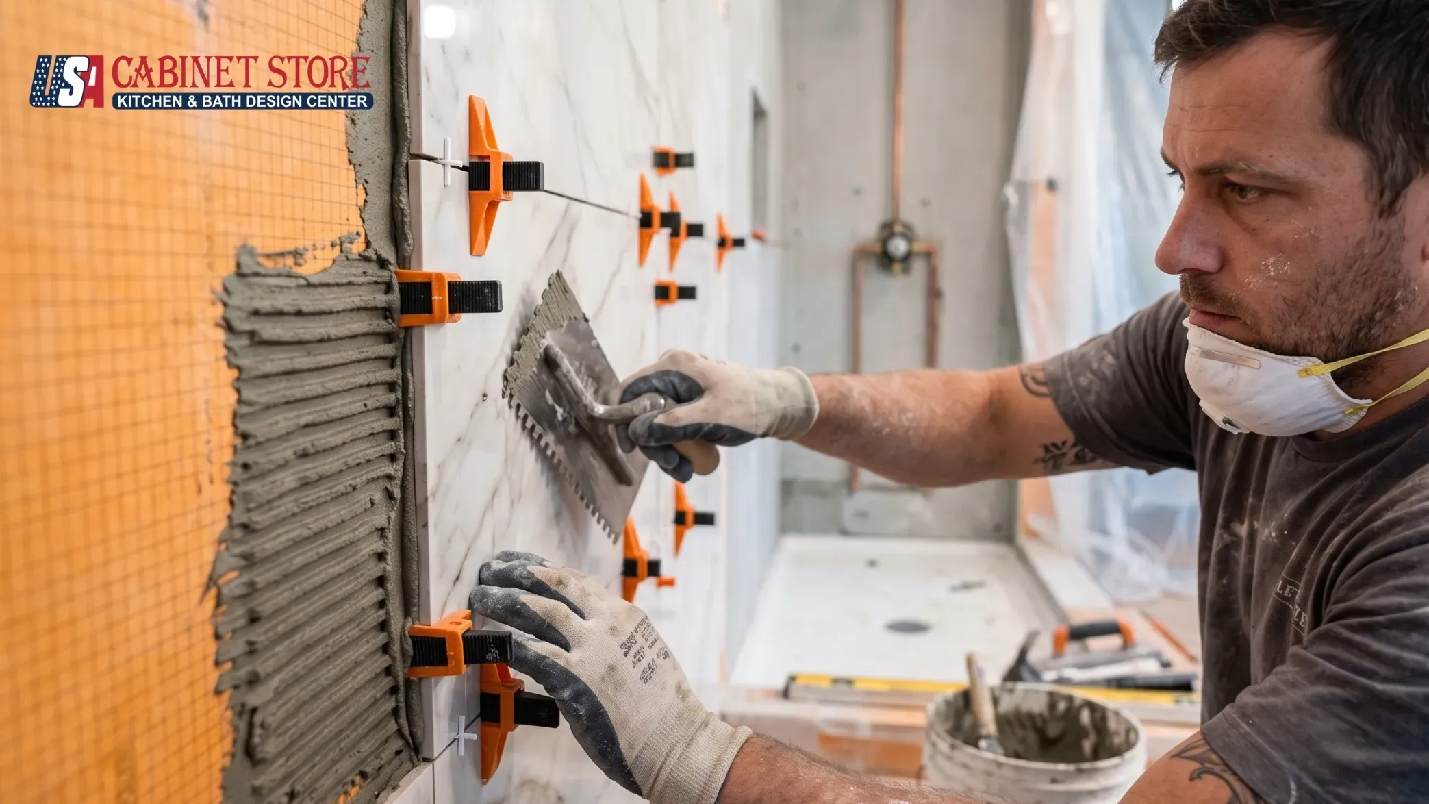 How Long Does It Take to Remodel a Bathroom? 10 bathroom-tile-installation-large-format-marble-look-usa-cabinet-store What happens before demo day