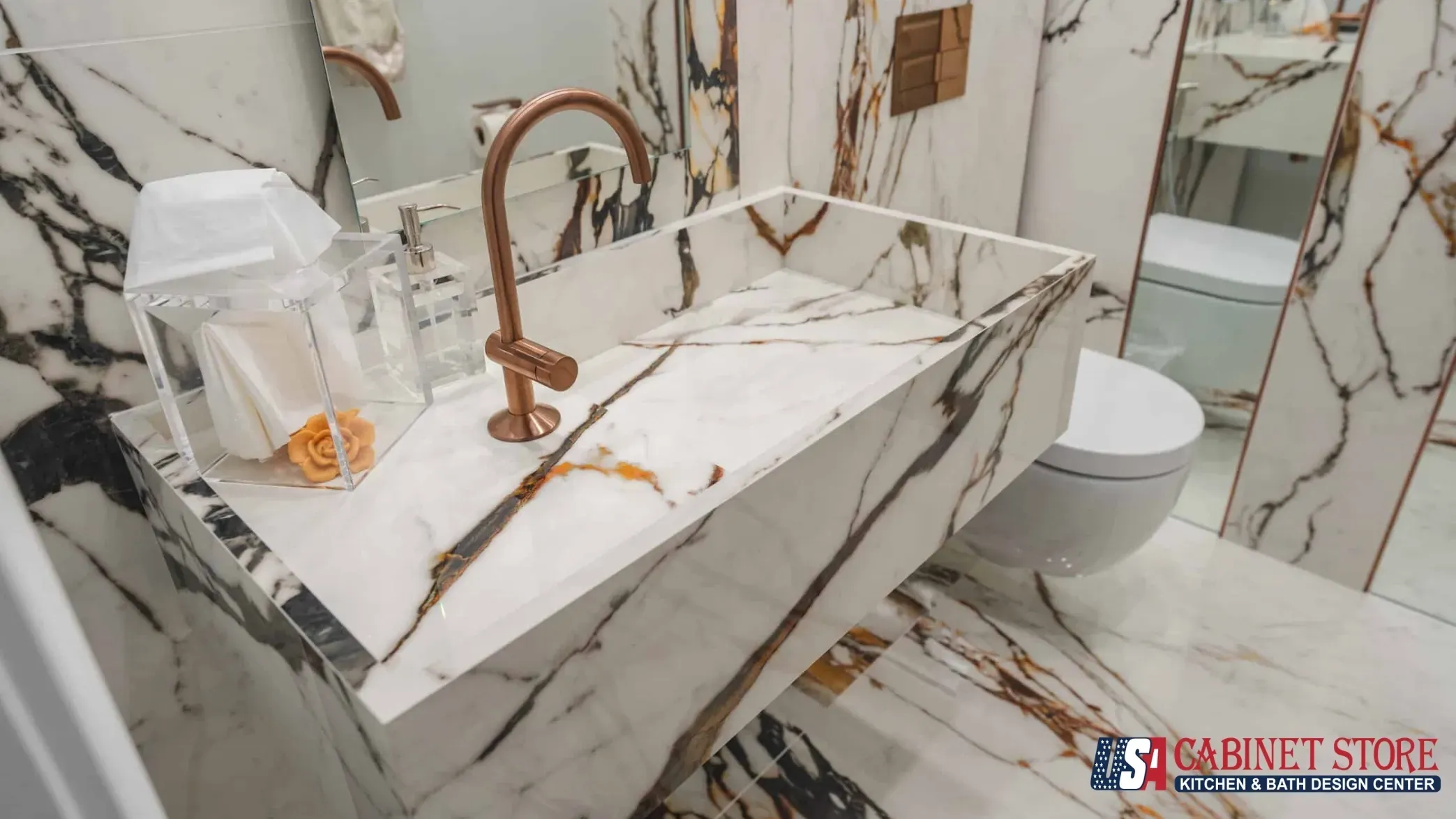 How Long Does It Take to Remodel a Bathroom? 8 luxury-marble-bathroom-remodel-copper-fixtures-usa-cabinet-store Construction time vs. total project time