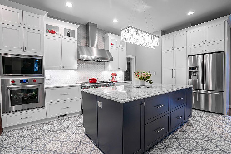 White Kitchen Cabinets with dark brown island and countertops