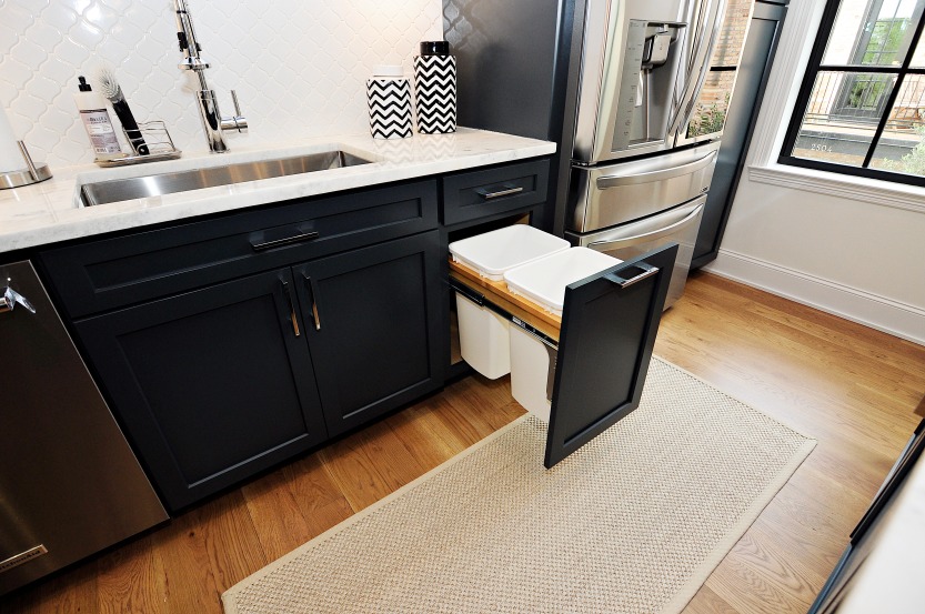 A kitchen with a black cabinets, sink, refrigerator, and trash can