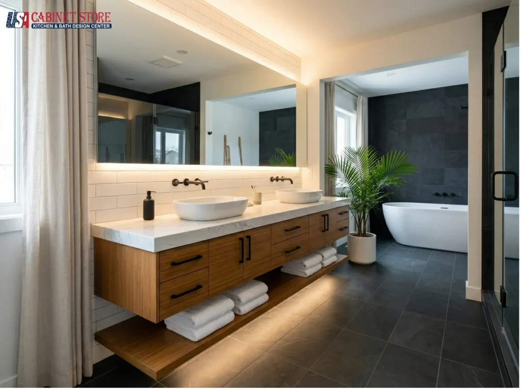 Best Wood for Bathroom Cabinets and Vanities: 8 Species Compared (2026) 22 luxury-master-bathroom-wood-vanity-vessel-sinks-usa-cabinet-store