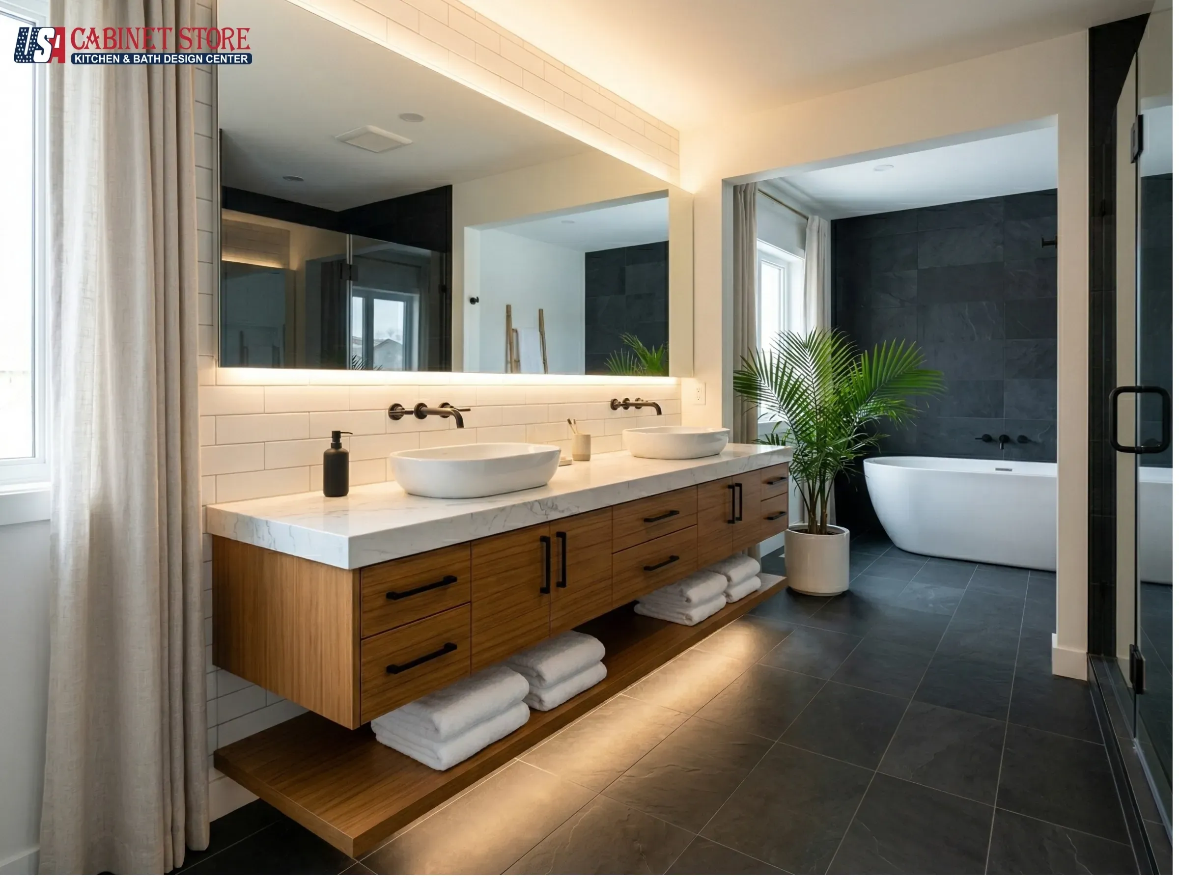 Best Wood for Bathroom Cabinets and Vanities: 8 Species Compared (2026) 16 luxury-master-bathroom-wood-vanity-vessel-sinks-usa-cabinet-store