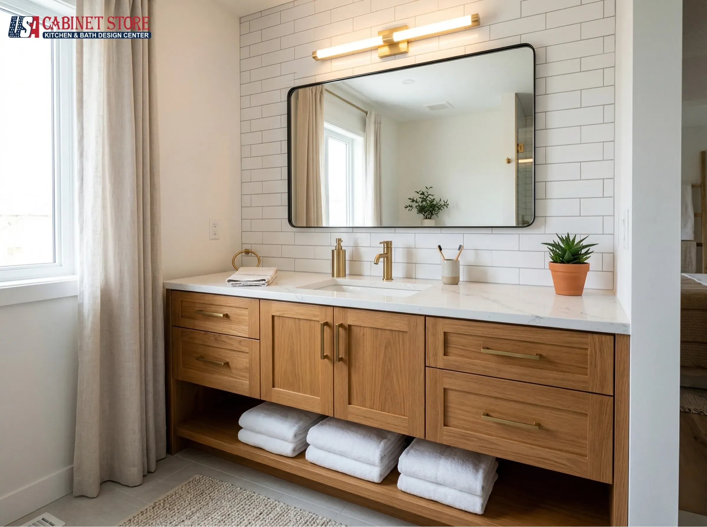 Best Wood for Bathroom Cabinets and Vanities: 8 Species Compared (2026) 13 teak-bathroom-vanity-warm-wood-brass-hardware-spa