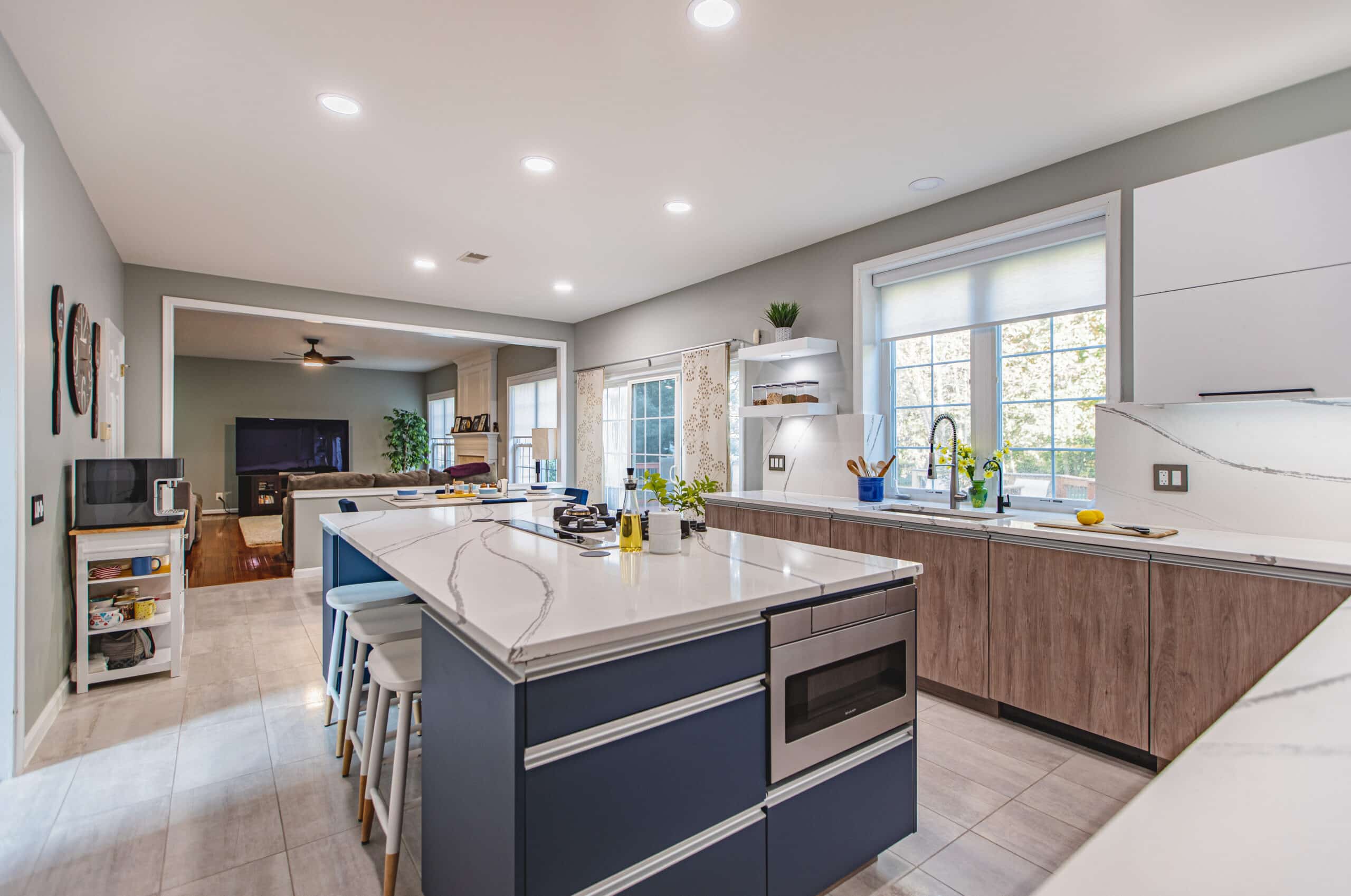 A spacious kitchen featuring a sizable island and ample counter