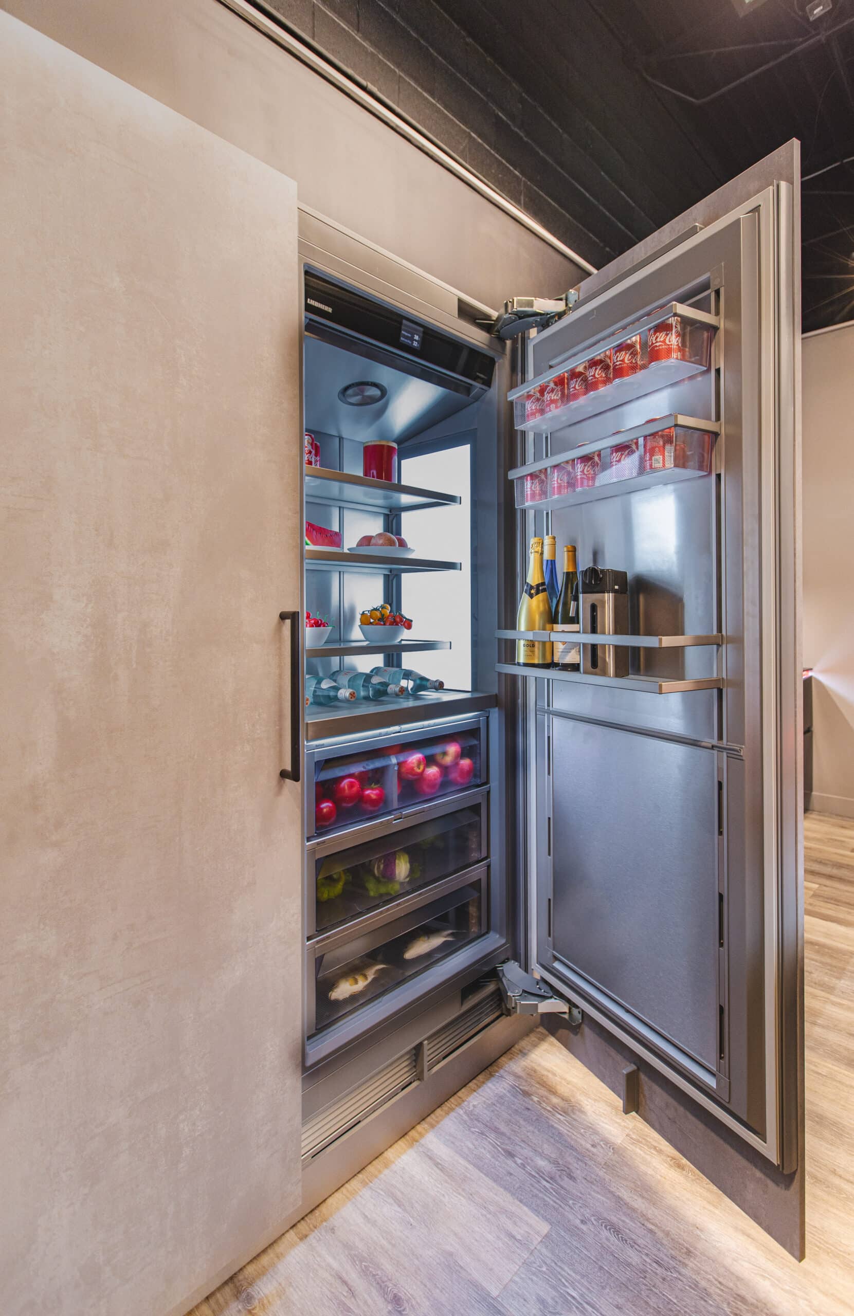 A refrigerator with both doors open