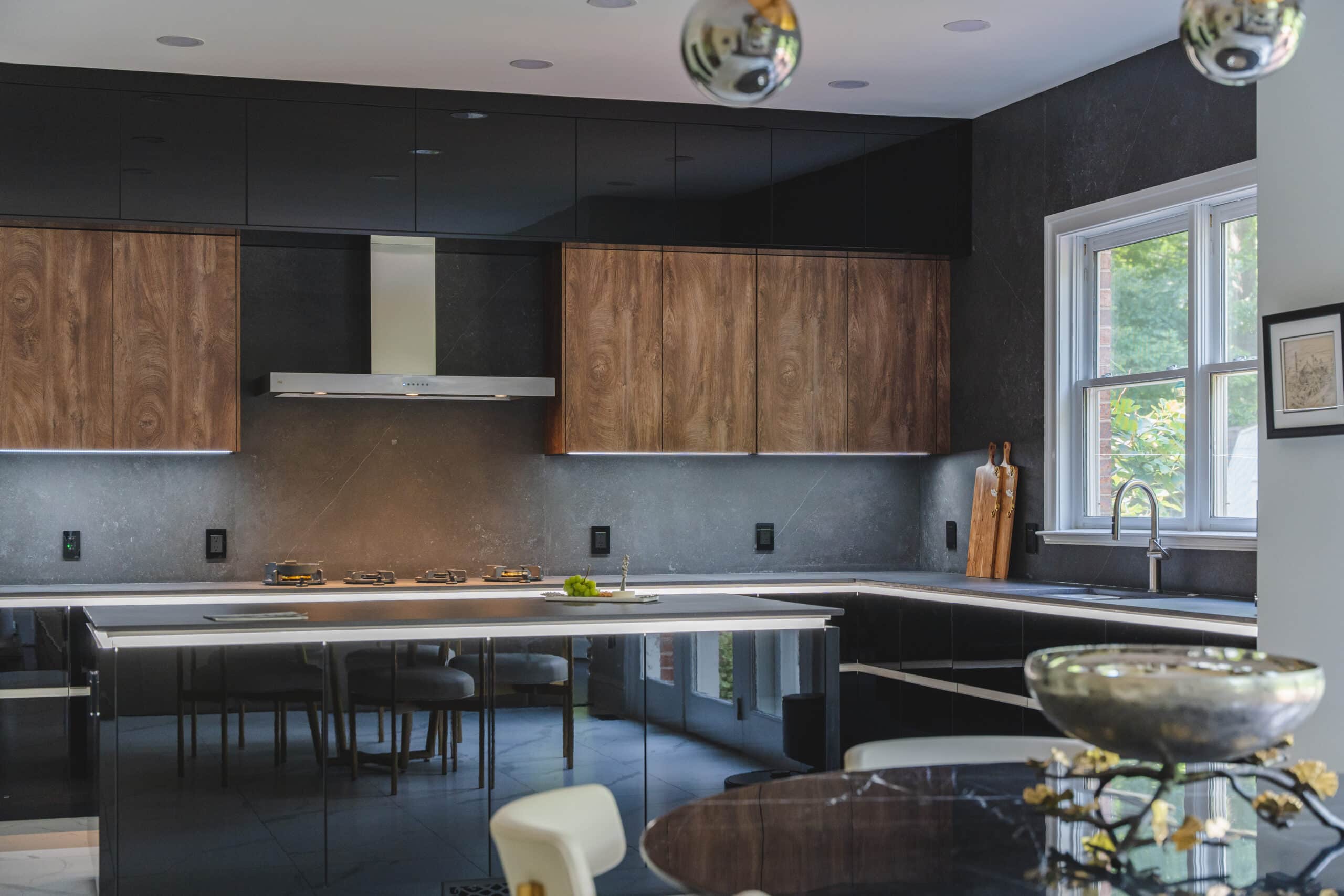 A contemporary kitchen featuring sleek black cabinets and a matching black countertop