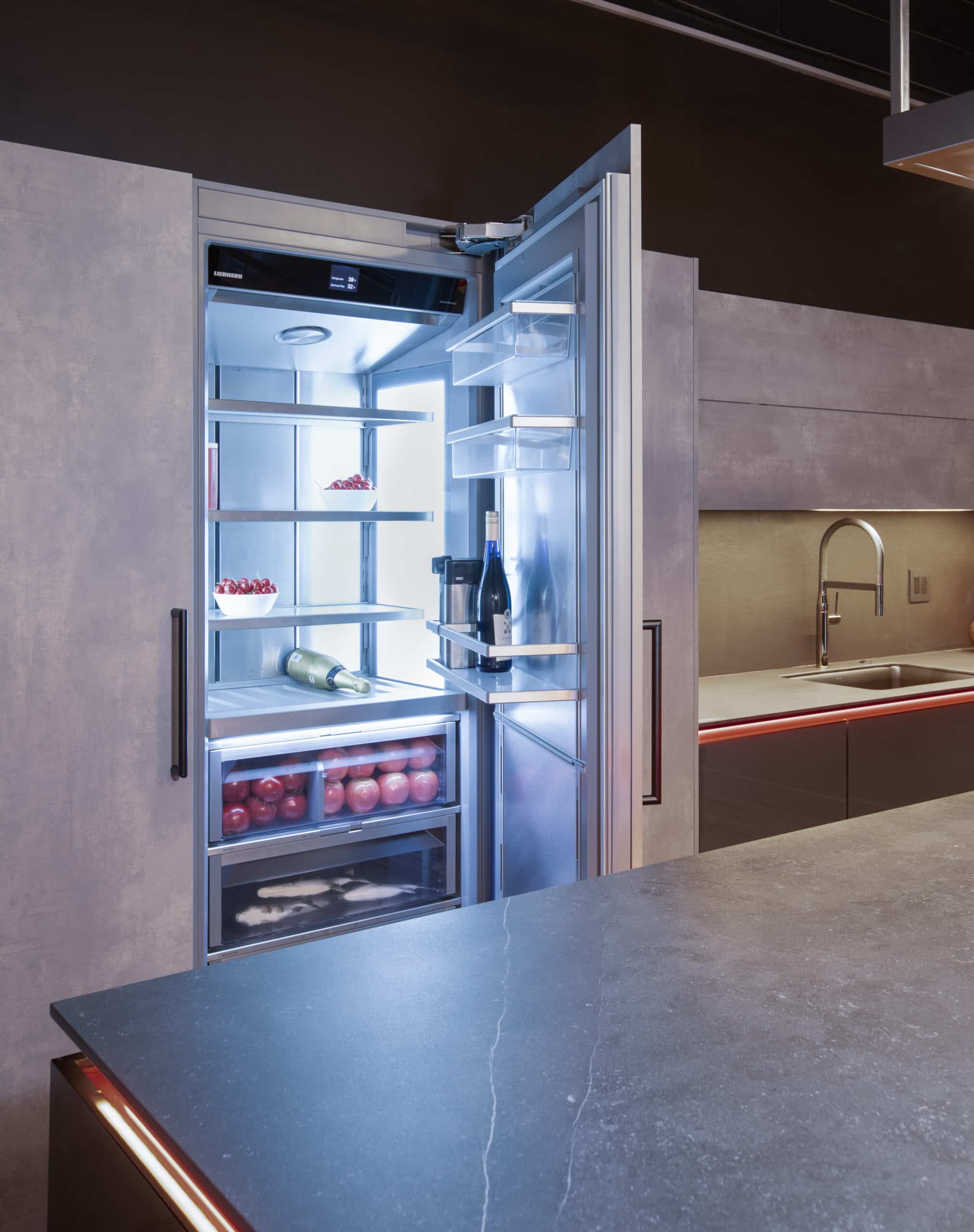 a kitchen with a refrigerator and a sink