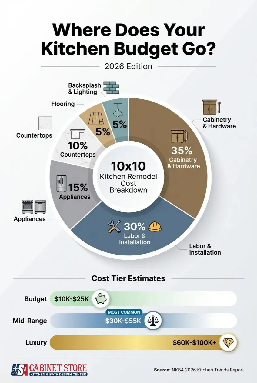 How Much Does a 10×10 Kitchen Remodel Cost in 2026? 14 2026 kitchen remodel cost breakdown pie chart showing budget allocation: cabinetry and hardware 35%, labor and installation 30%, appliances 15%, countertops 10%, flooring 5%, backsplash and lighting 5% - with cost tier estimates from budget $10K-$25K to luxury $60K-$100K+