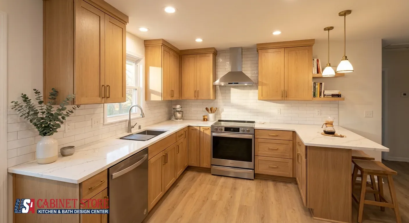 How Much Does a 10×10 Kitchen Remodel Cost in 2026? 13 Modern 10x10 U-shaped kitchen remodel featuring natural white oak Shaker cabinets, white quartz countertops with subtle veining, white subway tile backsplash, stainless steel appliances including range hood, pendant lights, and LVP flooring - mid-range renovation example by USA Cabinet Store