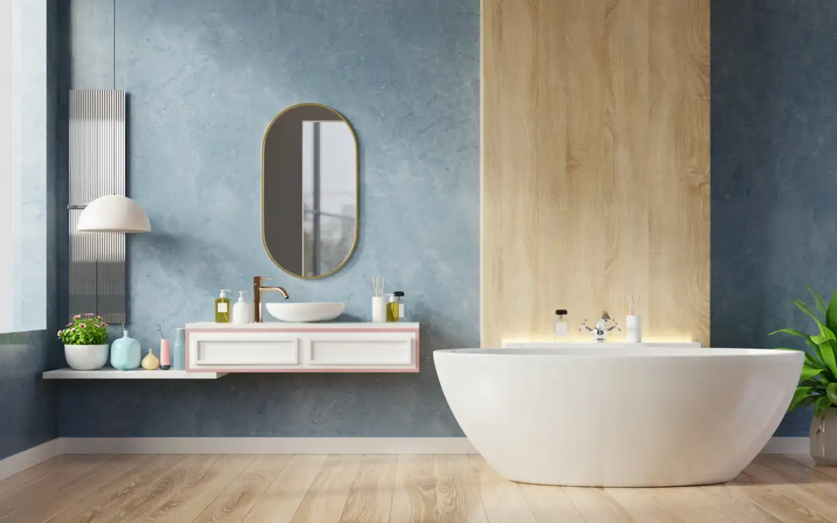 blue and wooden bath
