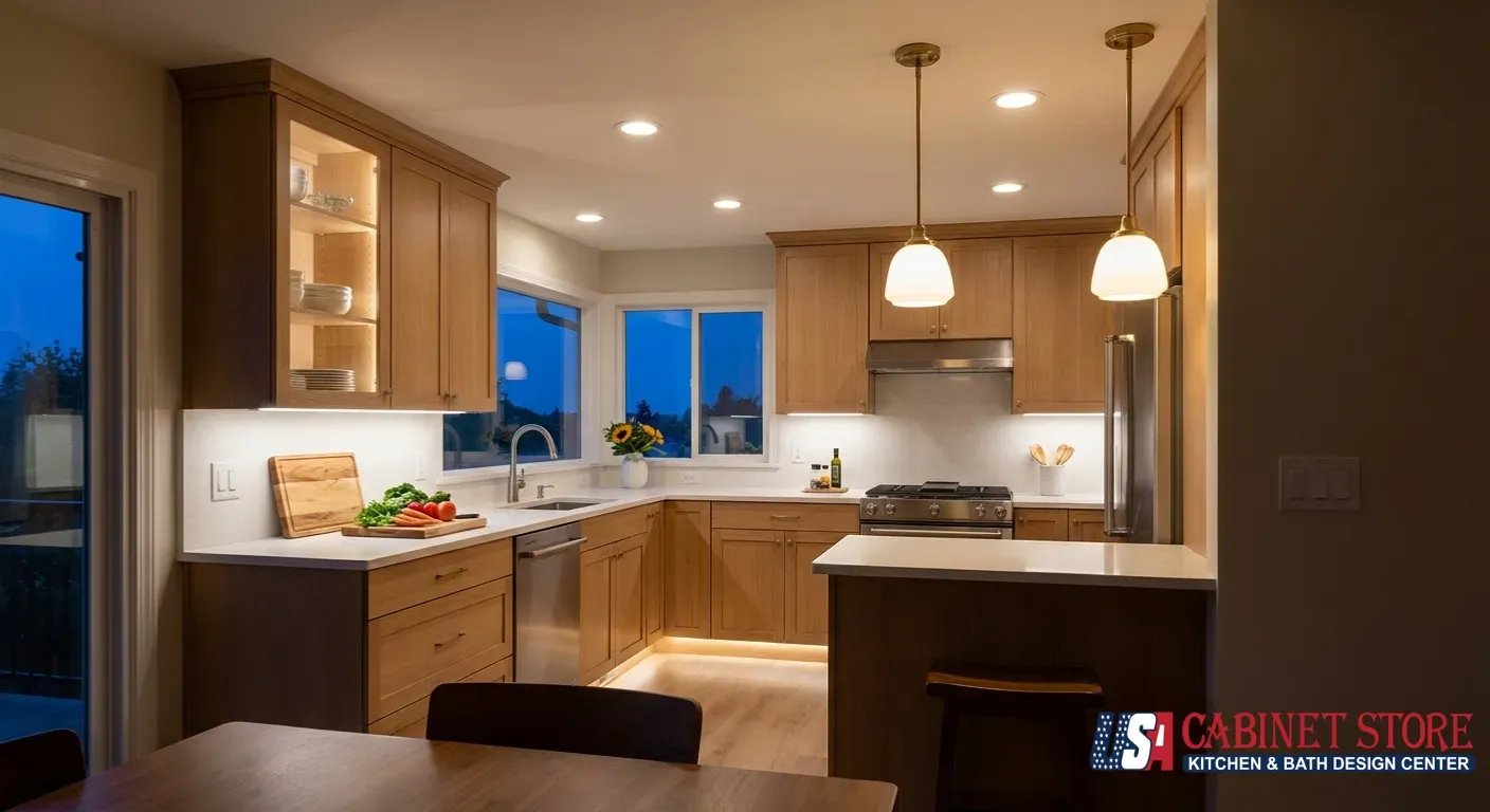 How Much Does a 10×10 Kitchen Remodel Cost in 2026? 20 10x10 kitchen at evening demonstrating three-layer lighting design: recessed can lights for ambient illumination, under-cabinet LED strips for task lighting on countertops, pendant lights over peninsula for accent lighting, and toe-kick LEDs - white oak Shaker cabinets with quartz countertops