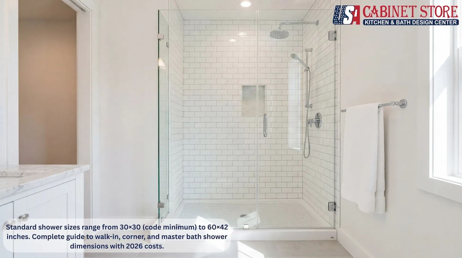 Blogs 236 Standard shower sizes range from 30×30 (code minimum) to 60×42 inches. Complete guide to walk-in, corner, and master bath shower dimensions with 2026 costs