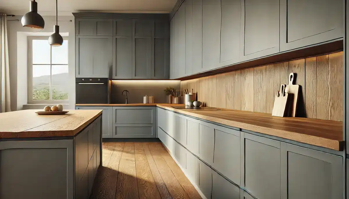 Kitchen with grey cabinets and wooden countertops