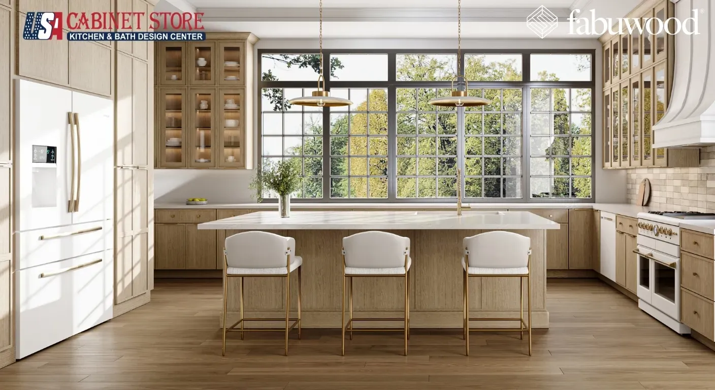 How to Make Oak Kitchen Cabinets Look Modern: 16 Expert Methods (2026 Guide) 26 luxury-oak-kitchen-glass-front-cabinets-brass-pendants-island