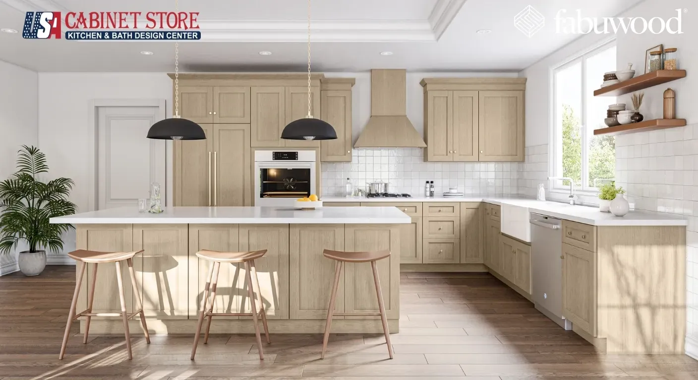 How to Make Oak Kitchen Cabinets Look Modern: 16 Expert Methods (2026 Guide) 23 oak-shaker-kitchen-subway-tile-backsplash-open-shelving-range-hood