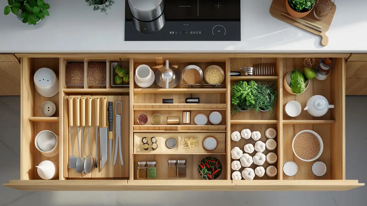 kitchen cabinet is opened and organized