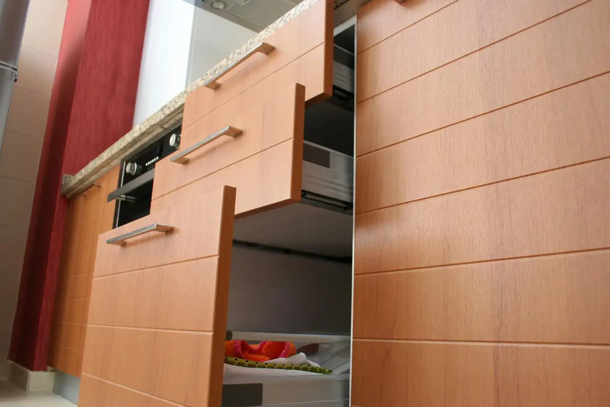 wooden kitchen cabinet doors open slightly