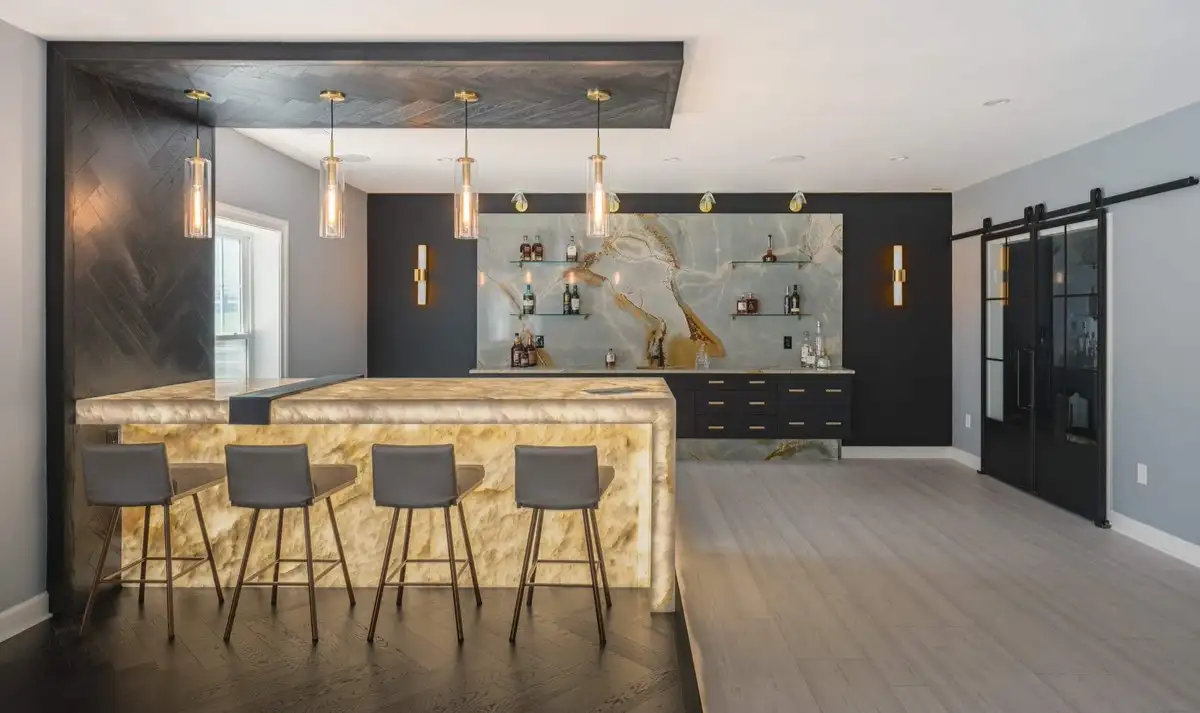 Luminous Elegance: A Radiant Stone Oasis in Ashburn's Prestige Basement Bar Chantilly, VA