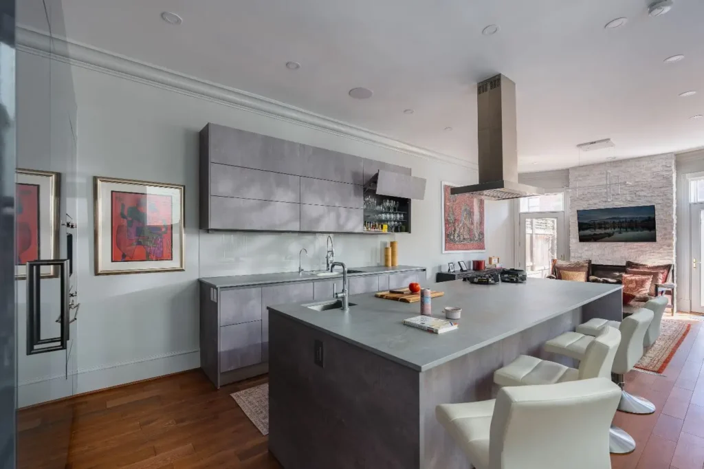 45 Kitchen Remodeling Ideas for 2026 | USA Cabinet Store 29 Handle-less concrete-finish Bauformat kitchen with lift-up cabinets in Georgetown DC