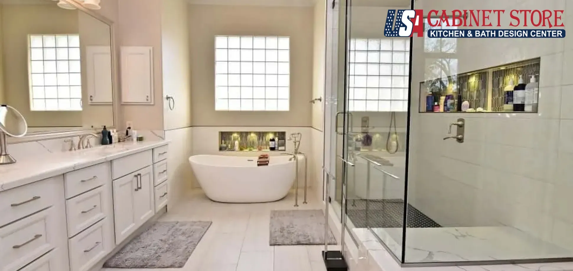 15 Walk-In Shower Ideas for Orlando Homes (2026) | USA Cabinet Store 33 Luxury master bathroom remodel Fairfax County with double vanity and freestanding tub