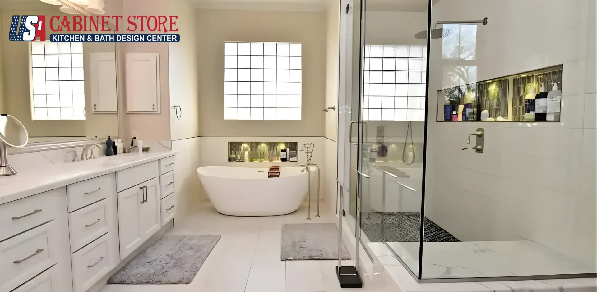 Northern Virginia Remodeling Cost Calculator: Your Complete 2026 Budget Planning Guide 13 Luxury master bathroom remodel in Northern Virginia featuring white shaker vanity cabinets, freestanding soaking tub, frameless glass walk in shower, and illuminated niche USA Cabinet Store