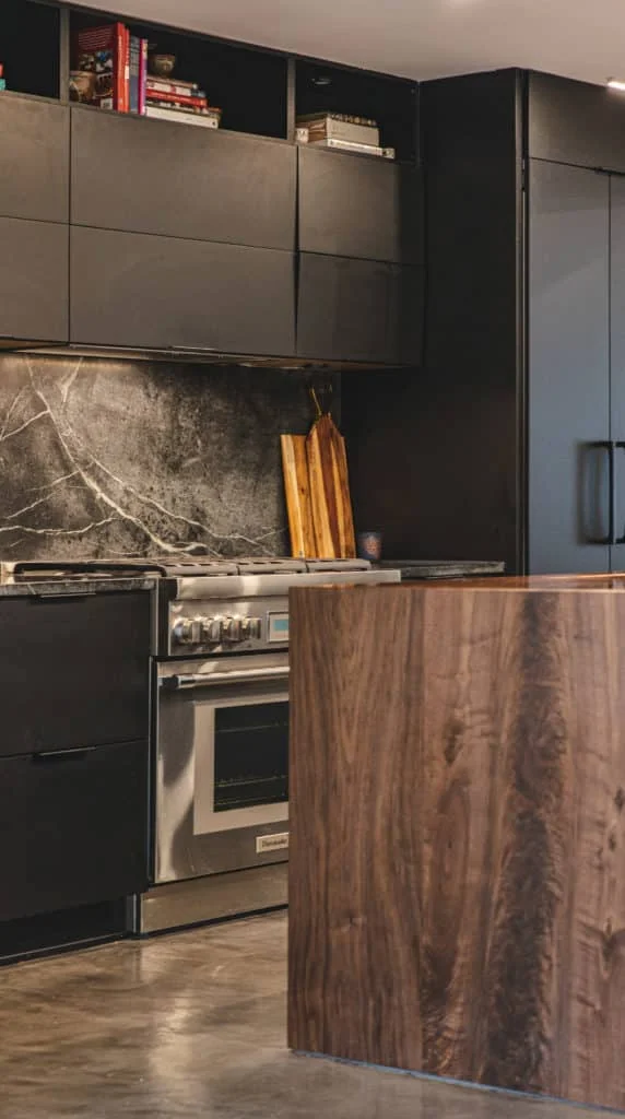 Contemporary Washington DC kitchen with Showplace EVO black cabinets and wood island