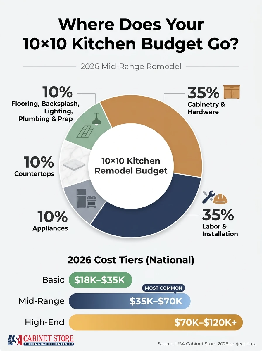 How Much Does a 10×10 Kitchen Remodel Cost in 2026? 3 10x10 kitchen remodel cost breakdown infographic showing cabinetry, labor, appliances and countertops as the largest shares of the budget