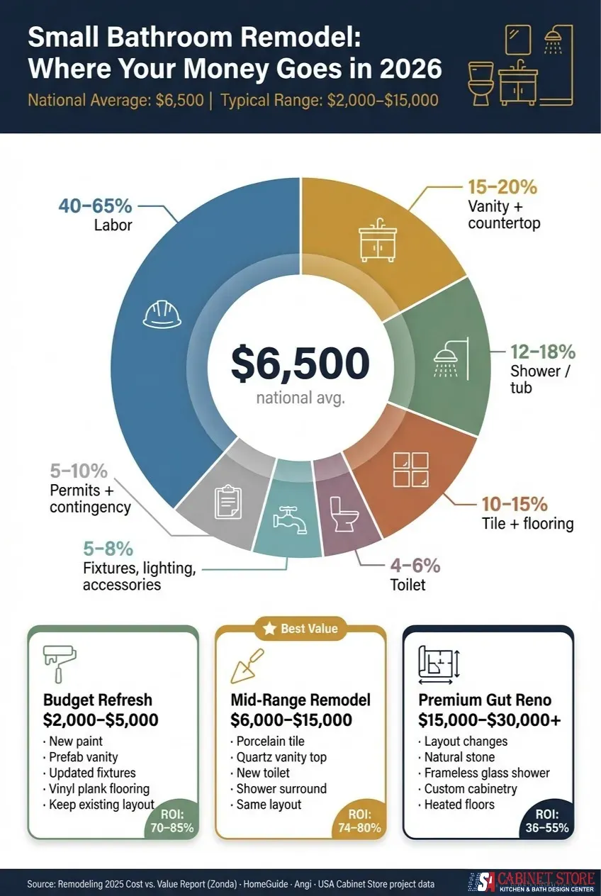 Small bathroom remodel costs in 2026 infographic showing national averages and price ranges