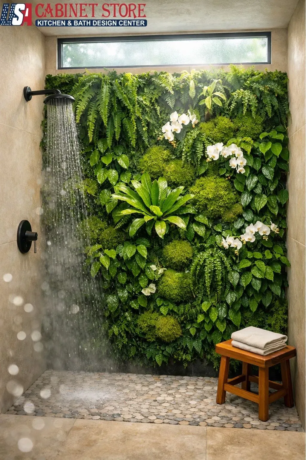 15 Walk-In Shower Ideas for Orlando Homes (2026) | USA Cabinet Store 23 biophilic-living-wall-plants-walk-in-shower-tropical-orlando