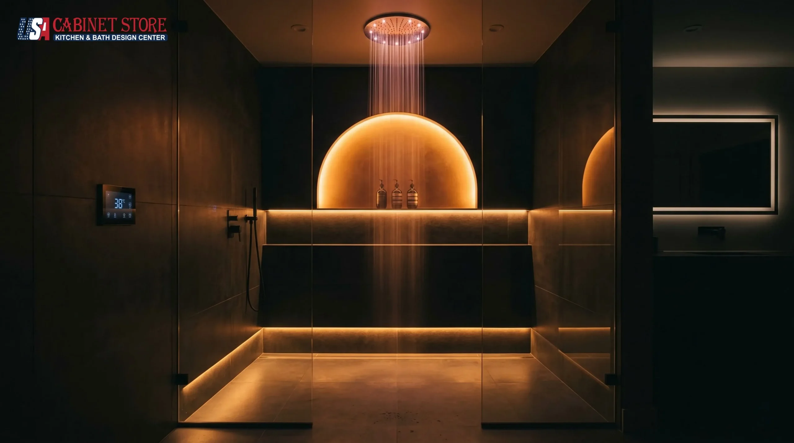 15 Walk-In Shower Ideas for Orlando Homes (2026) | USA Cabinet Store 21 circadian-led-mood-lighting-walk-in-shower-smart-home