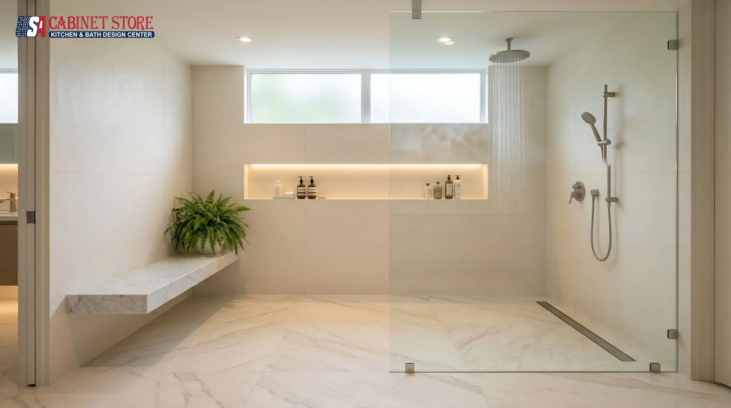 orlando-2026-hero.webpLuxury curbless walk-in shower with book-matched porcelain slabs floating marble bench and rainfall showerhead in modern Orlando master bathroom