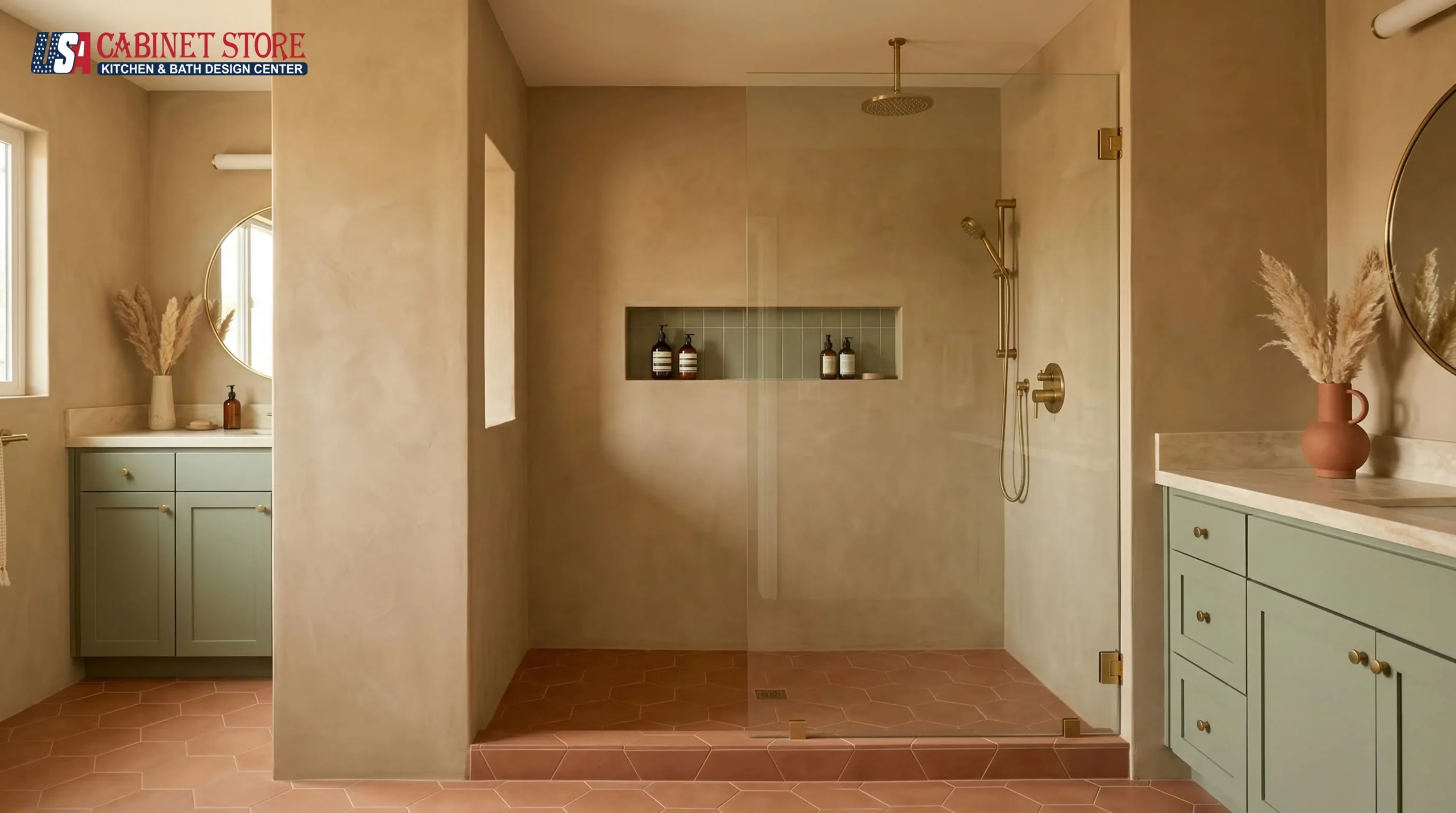 15 Walk-In Shower Ideas for Orlando Homes (2026) | USA Cabinet Store 22 earth-tone-universal-khaki-bathroom-walk-in-shower-2026