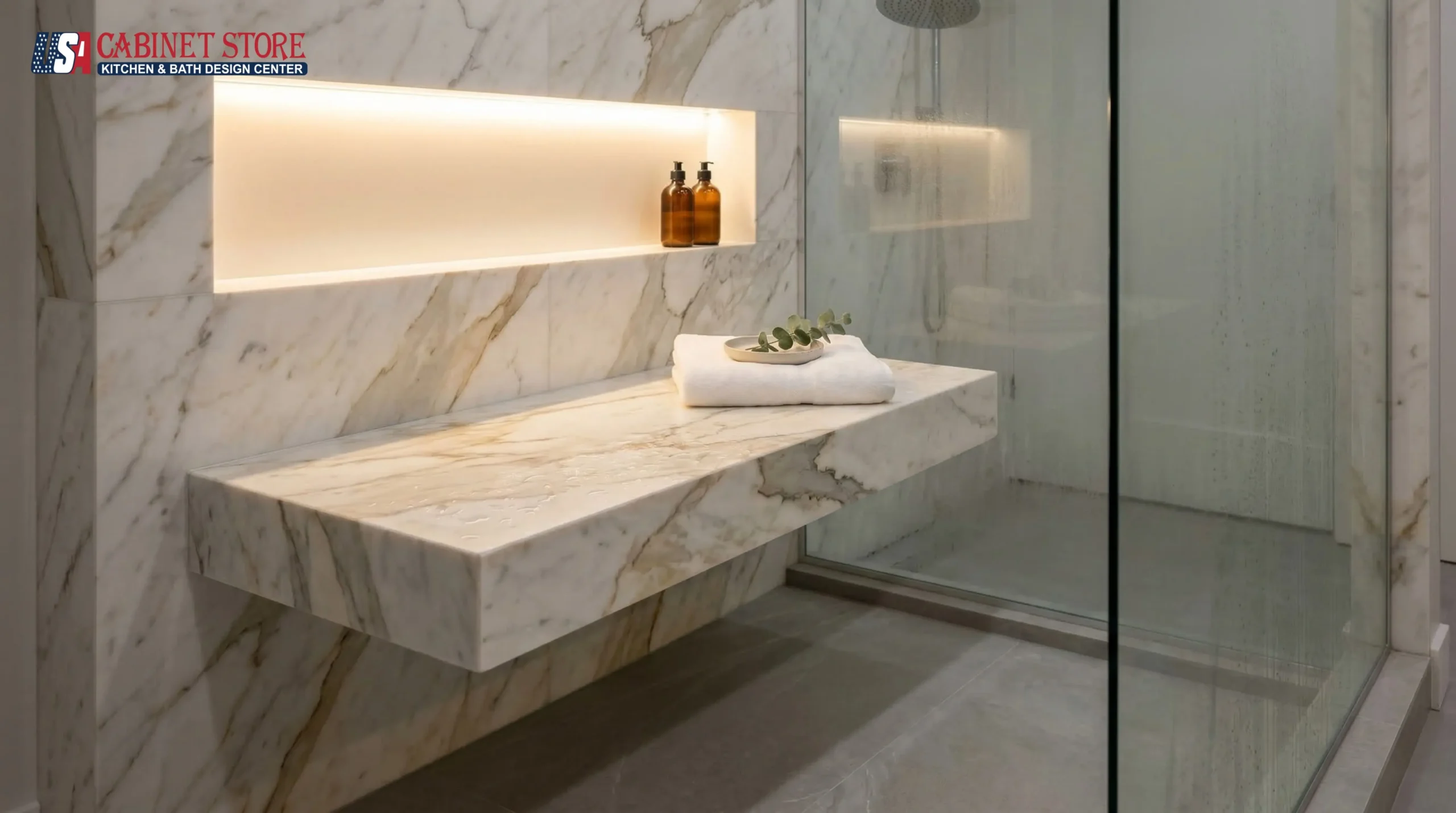 15 Walk-In Shower Ideas for Orlando Homes (2026) | USA Cabinet Store 19 Book-matched large-format porcelain slab wall in modern walk-in shower with butterfly veining pattern