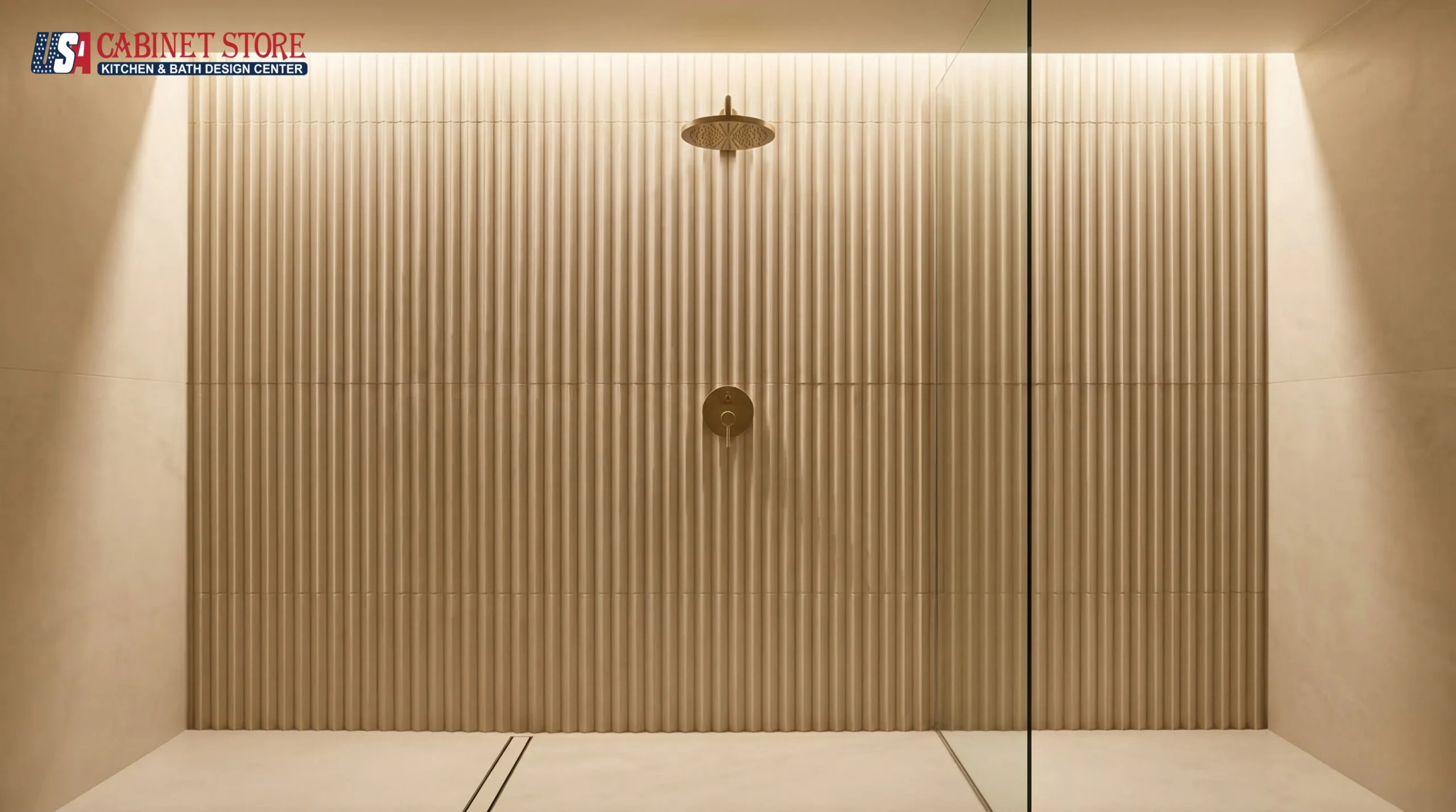 15 Walk-In Shower Ideas for Orlando Homes (2026) | USA Cabinet Store 24 fluted-reeded-textured-tile-accent-wall-walk-in-shower