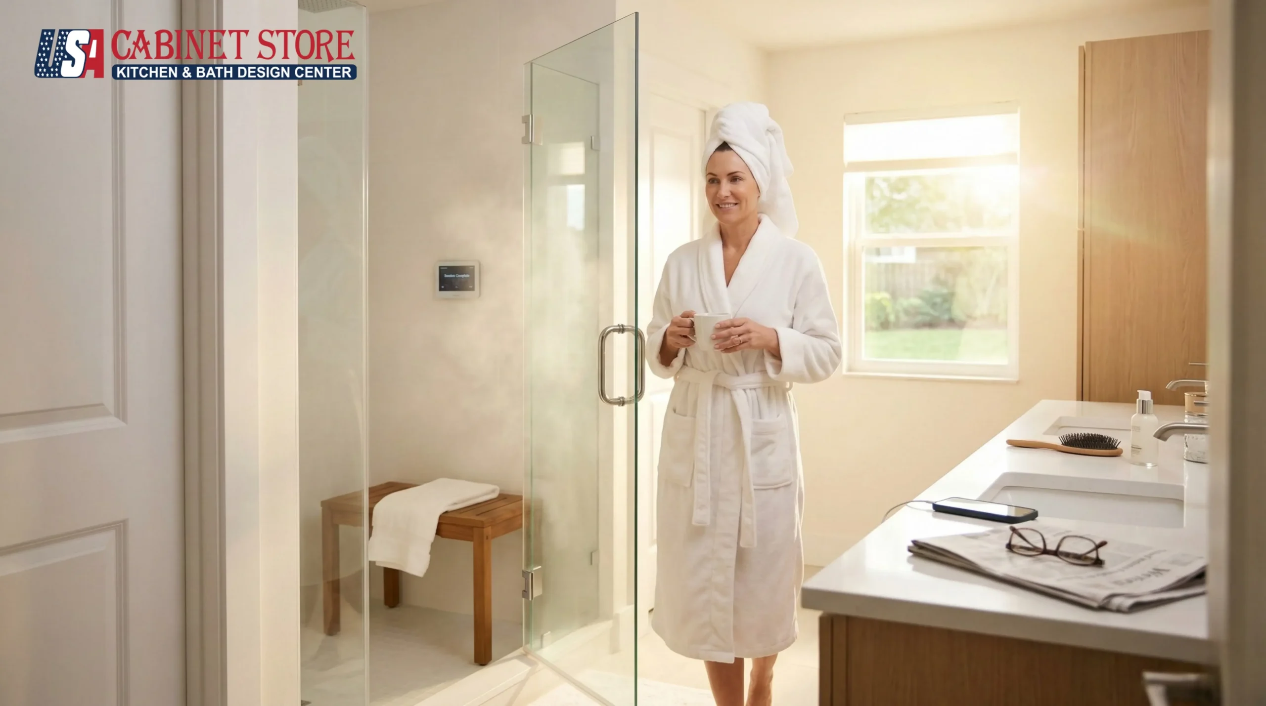 Steam Shower Installation in Orlando: 7 Health Benefits and Why Homeowners Are Upgrading 13 Orlando homeowner in white robe holding coffee mug after morning steam shower session with glass enclosure and teak bench visible behind her in a bright Florida bathroom