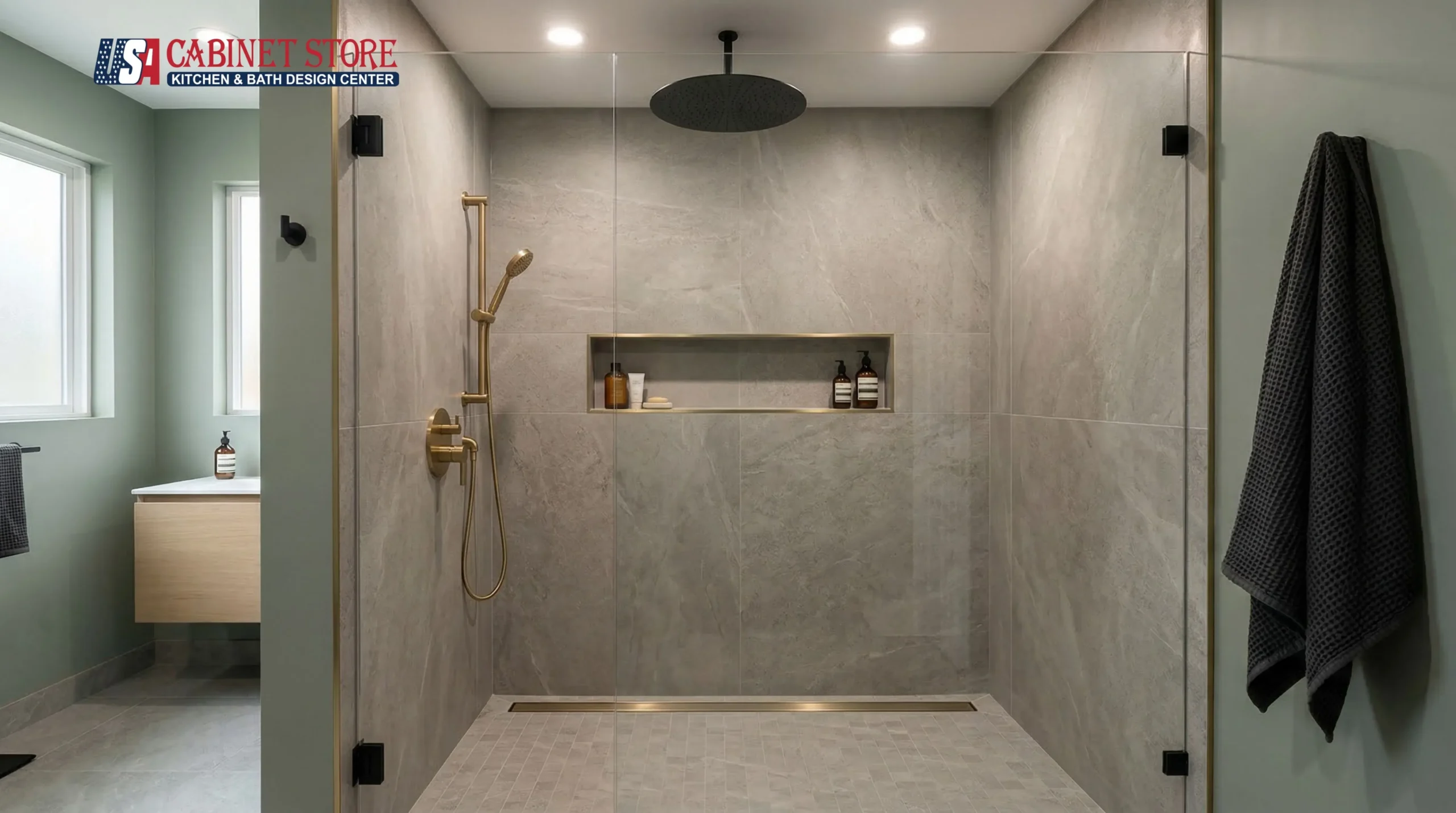 15 Walk-In Shower Ideas for Orlando Homes (2026) | USA Cabinet Store 28 mixed-metal-finishes-brass-black-walk-in-shower-hardware