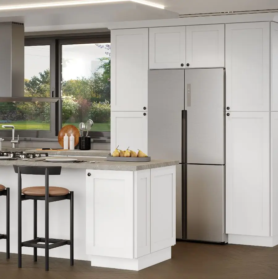 modern kitchen white cabinets integrated fridge island seating