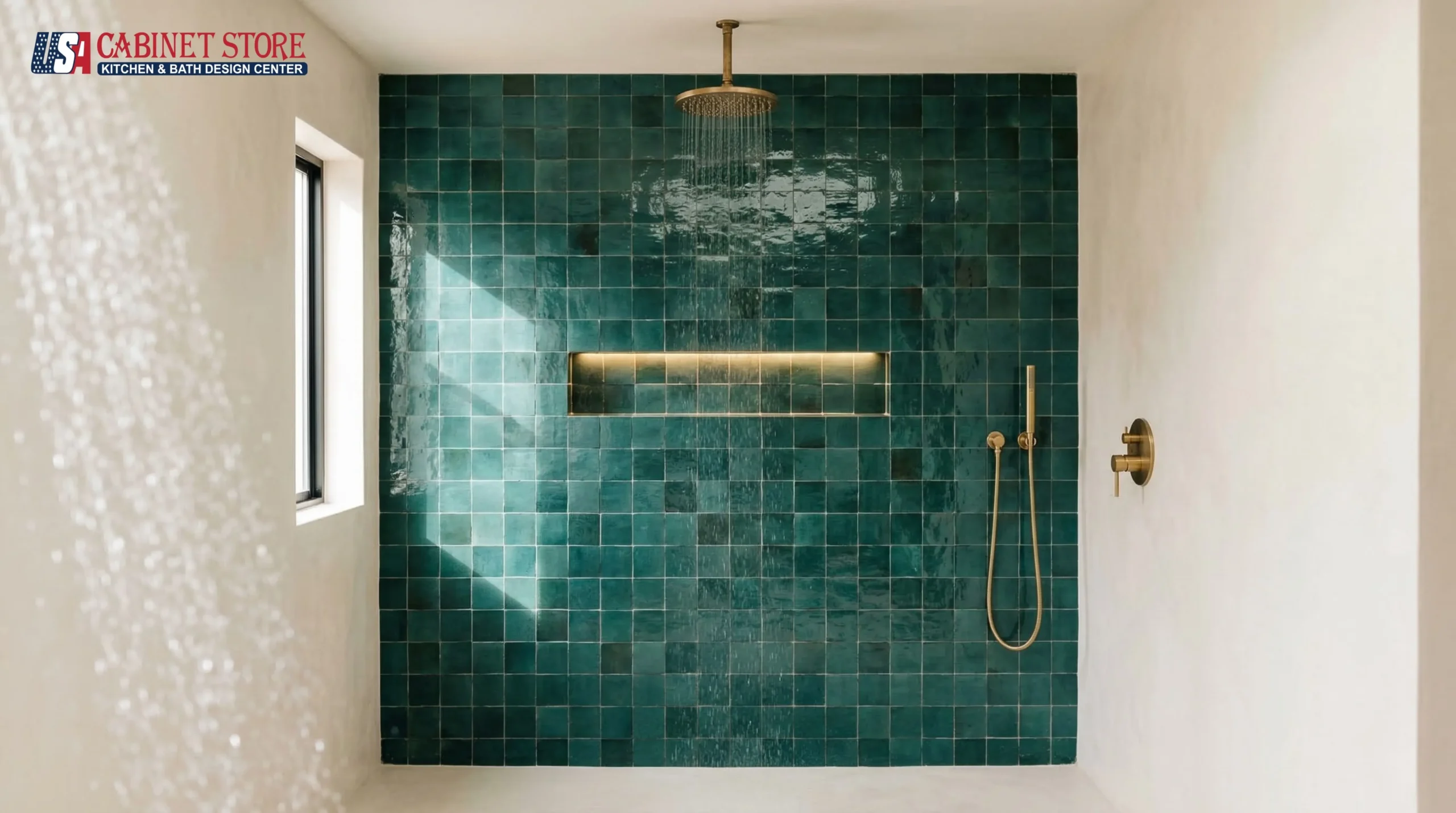 15 Walk-In Shower Ideas for Orlando Homes (2026) | USA Cabinet Store 27 zellige-artisan-tile-hero-wall-walk-in-shower-handmade