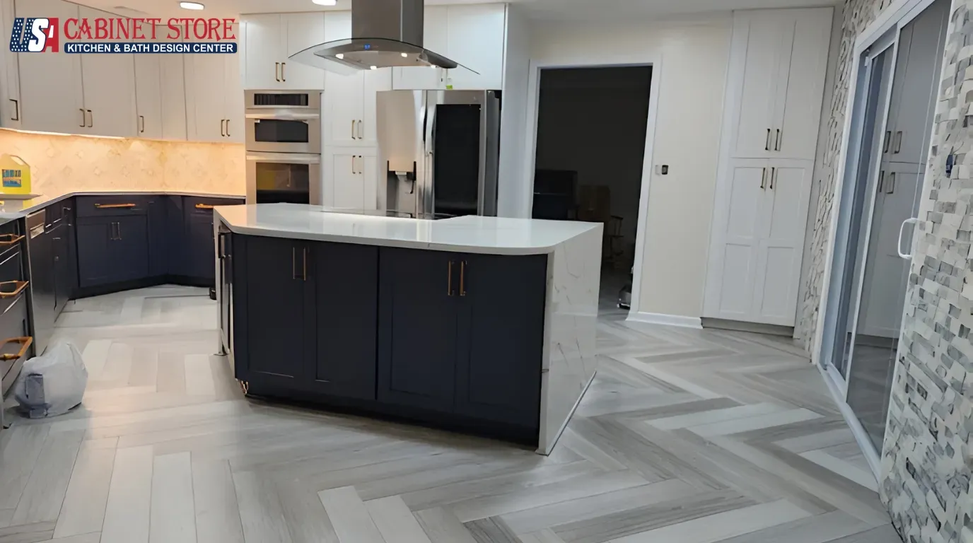 Kitchen Remodeling in Orlando: What to Expect (2026 Homeowner Guide) 10 Two-tone navy island with herringbone tile floor