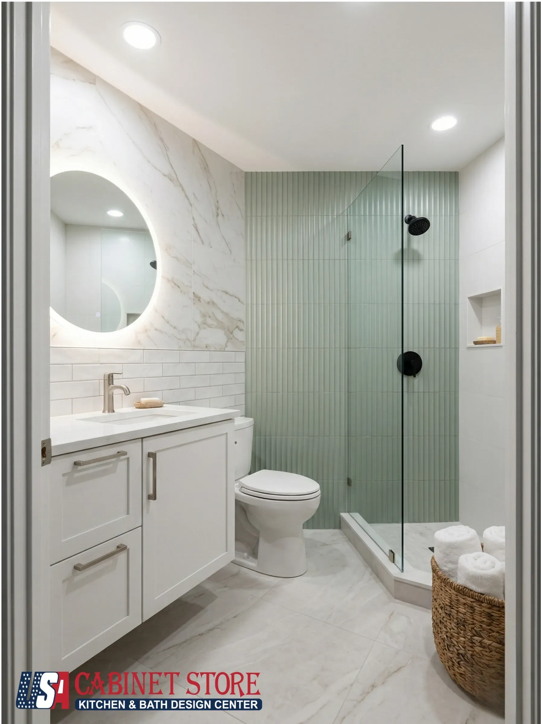 How Much Does a Bathroom Remodel Cost in Orlando? (2026 Pricing Guide) 16 small-bathroom-remodel-orlando-sage-green-tile-white-vanity