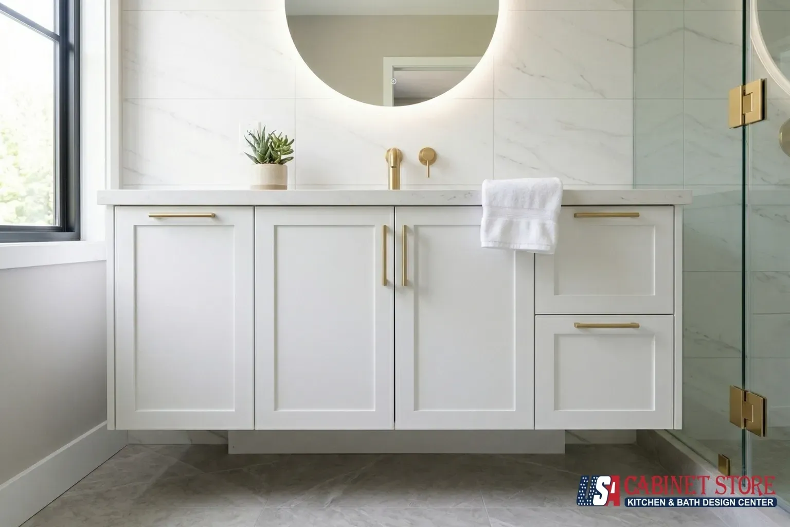 Bathroom Remodeling in Orlando: Complete Homeowner Guide 19 white-shaker-bathroom-vanity-orlando-gold-hardware-quartz
